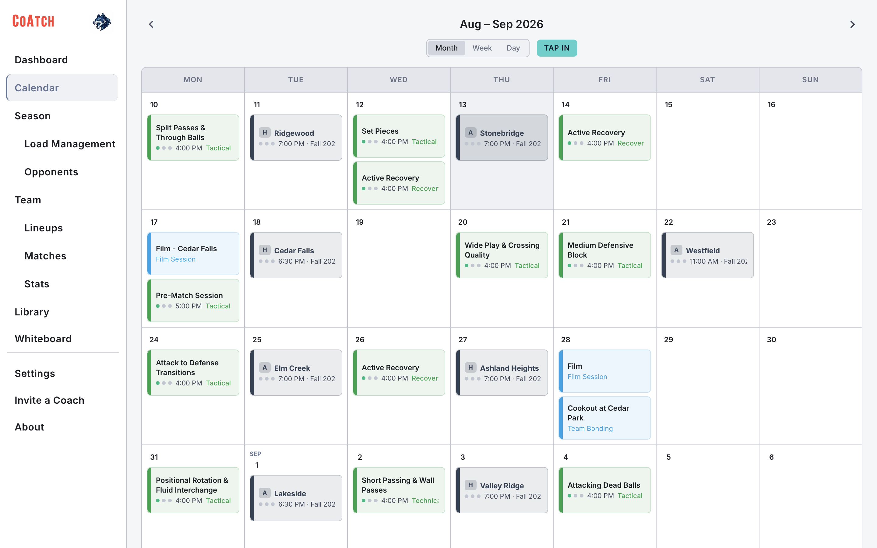 CoAtch Volleyball season calendar view