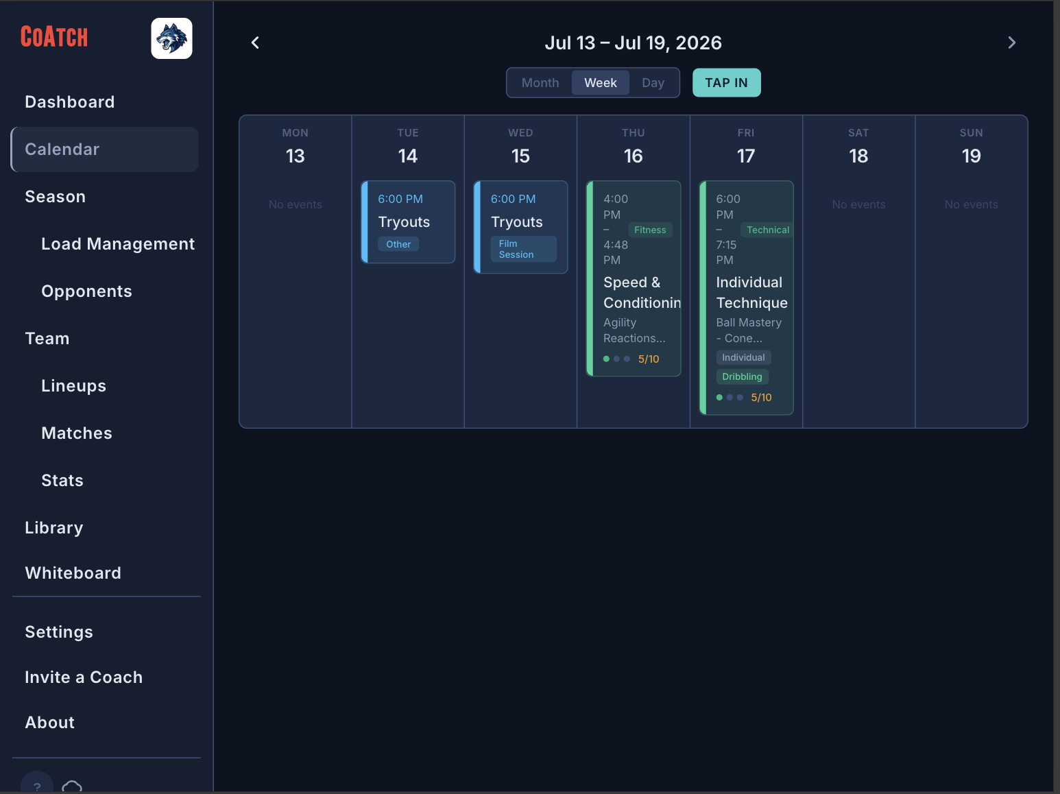 CoAtch Volleyball calendar view on desktop