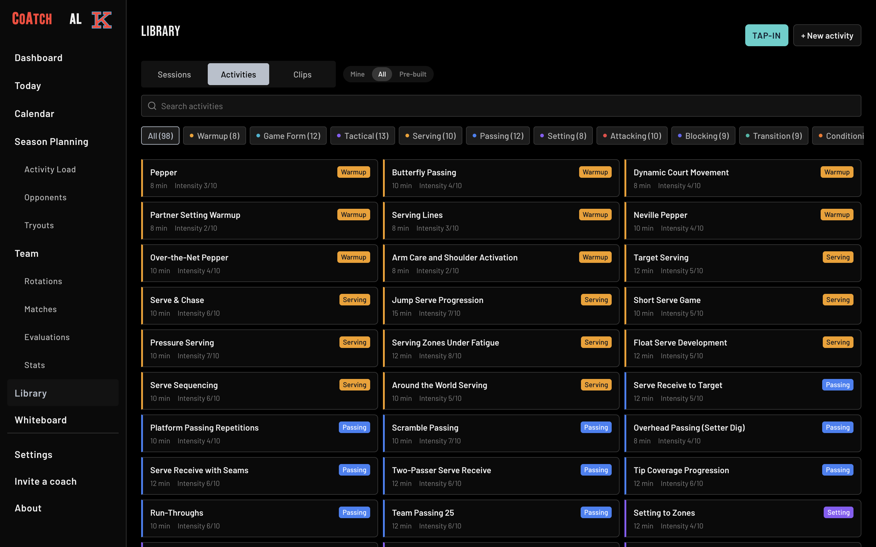 The CoAtch Volleyball activity library sorted by skill