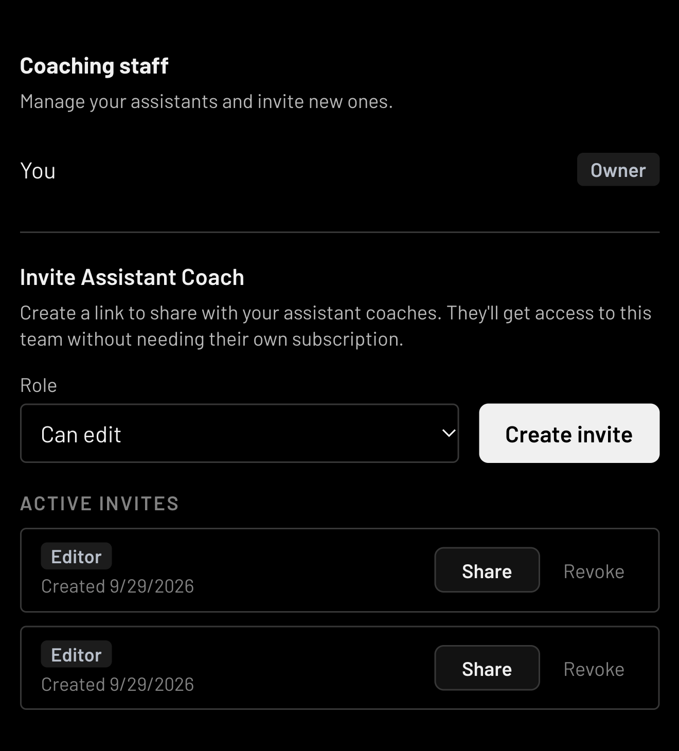 The CoAtch coaching staff screen with an invite link that gives an assistant edit or view access